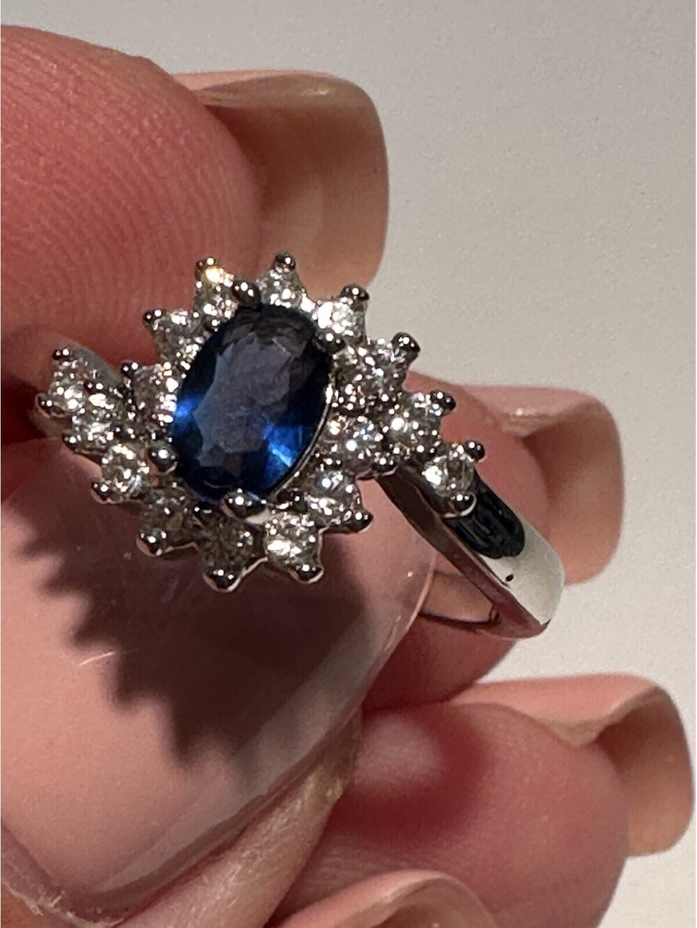 925 Sterling Silver Rhodium Plated Blue Oval CZ Cocktail Ring Size 7